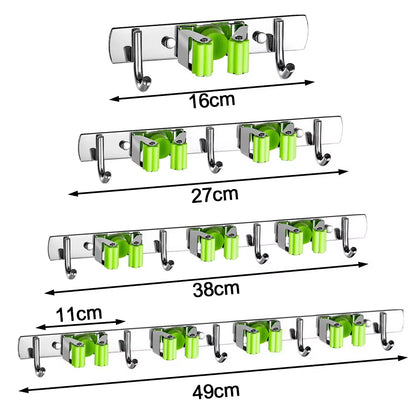GripLock™ Stainless Steel Wall Mount Mop & Broom Holder – Space-Saving Hook for Kitchen & Bathroom Organization